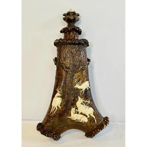 Powder Flask Made Of Carved Stag Antler 
